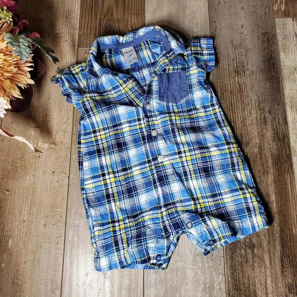 Carter's Baby Boy Size 6m Blue Yellow Plaid Romper Shortall 100% Cotton EUC